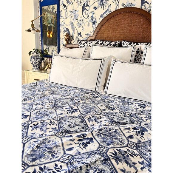 RALPH LAUREN PALM HARBOR Duvet Cover KING Size Made in Italy Blue White PRISTINE - Picture 1 of 16